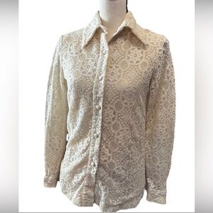 Vintage 60s 70s Chessa Davis Romantic Boho Ivory Lace Blouse Sheer Button-Front